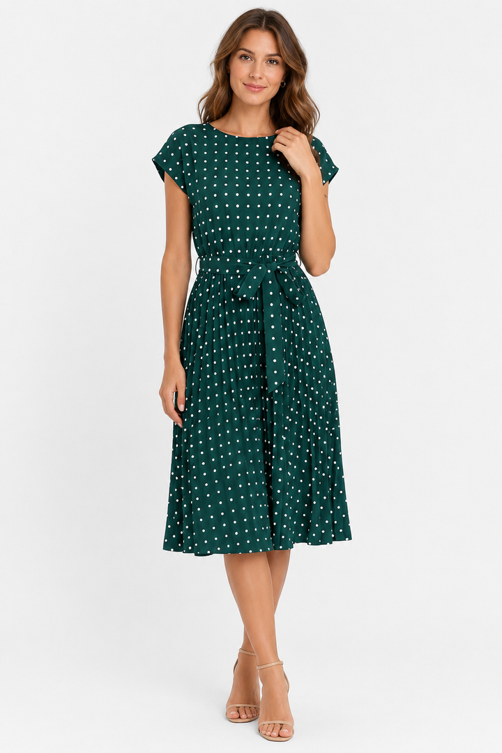 VALERIQUE | Femme Robe Décontractée A-Line en Mélange de Coton Bleu et Vert, Manches Courtes, Ceinture à Nouer