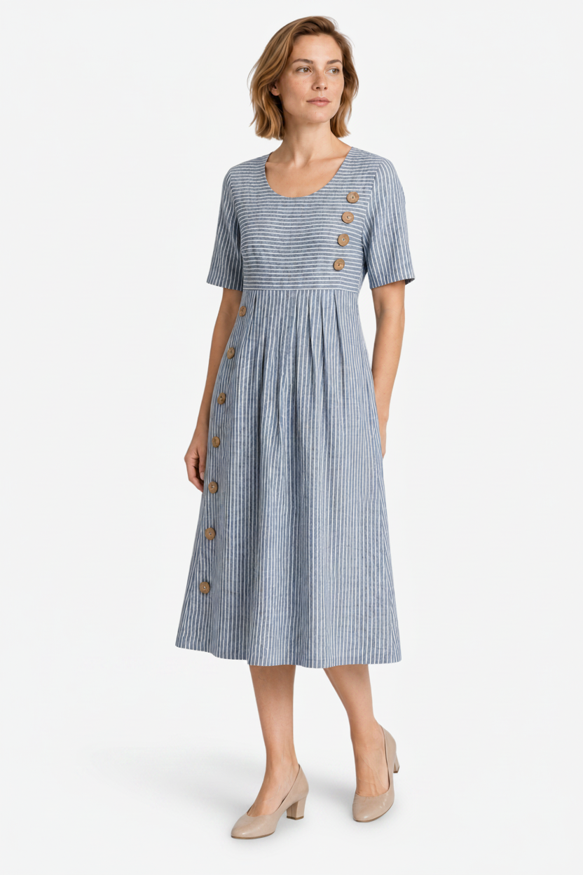 VALERIQUE | Femme Robe en lin coupe évasée manches courtes style décontracté