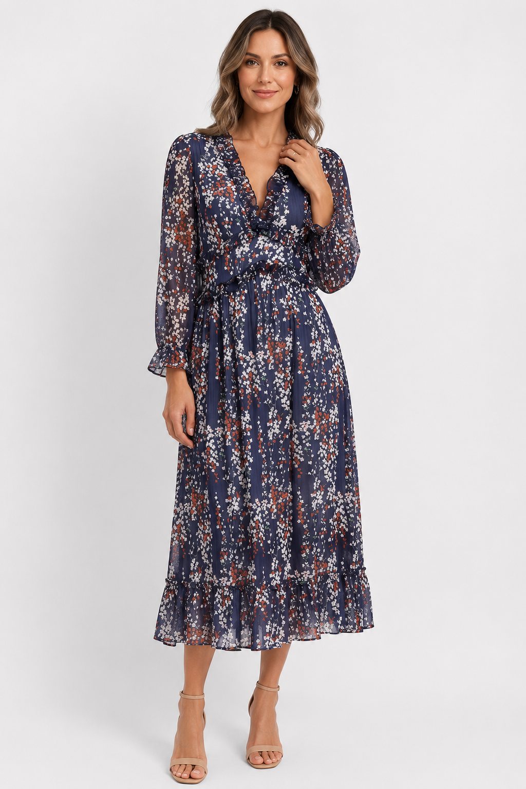 VALERIQUE | Femme Robe Longue Décontractée en Mélange de Coton Bleu et Blanc, Manches Longues, Col en V Profond