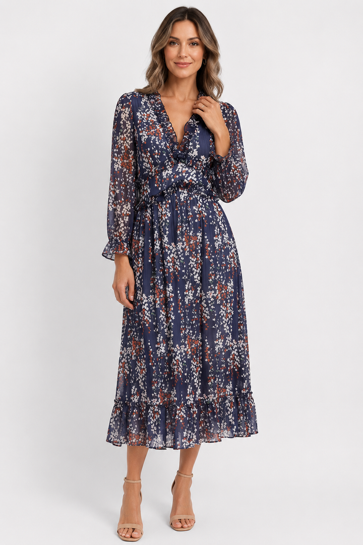 VALERIQUE | Femme Robe Longue Décontractée en Mélange de Coton Bleu et Blanc, Manches Longues, Col en V Profond
