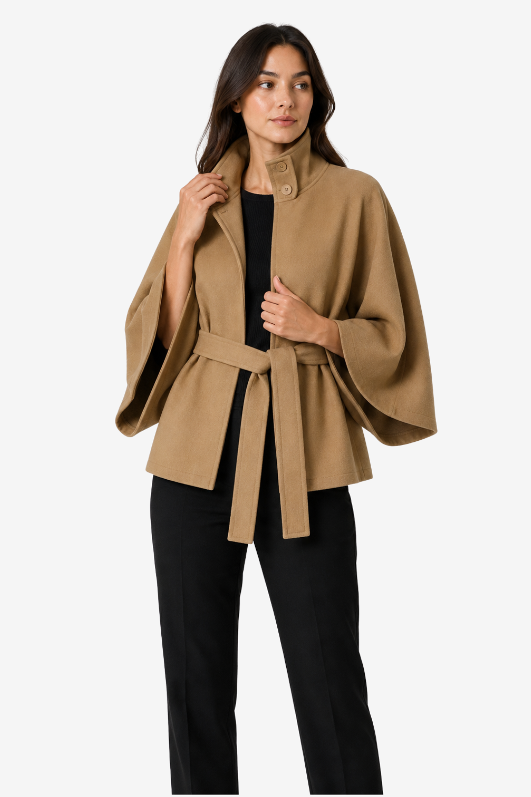 VALERIQUE | Manteau Cape Ceinturé pour Femme – Col Haut Manches Larges Design Structuré