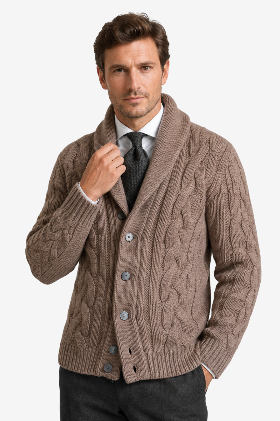 VALERIQUE | Cardigan en Maille Torsadée pour Homme – Col Châle Fermeture Boutonnée