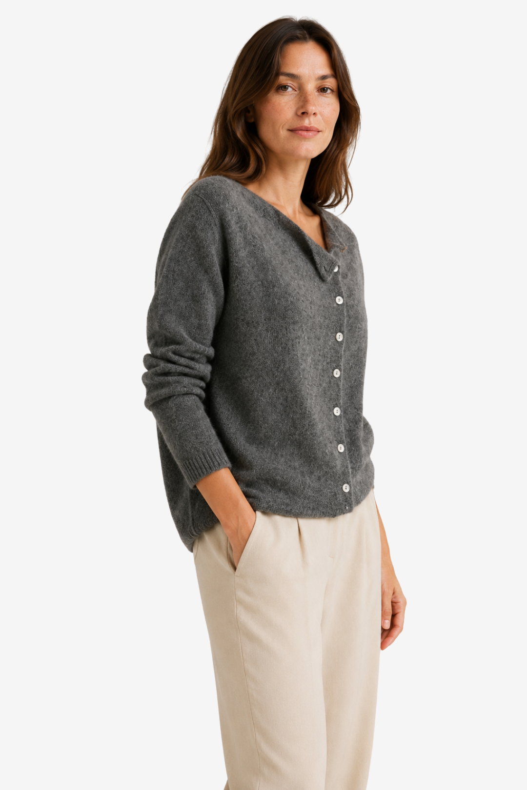 VALERIQUE | Cardigan Boutonné pour Femme – Encolure Asymétrique Maille Décontractée