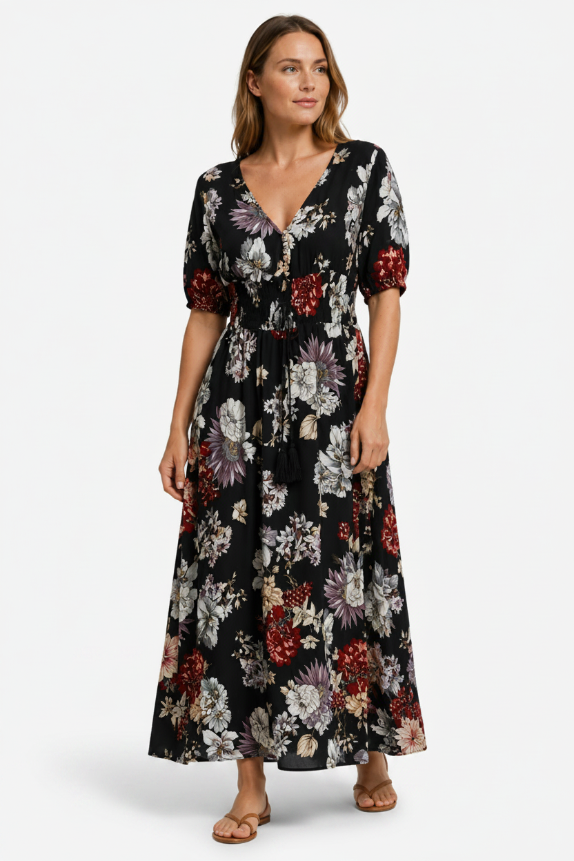VALERIQUE | Robe Maxi Fleurie pour Femme – Col V