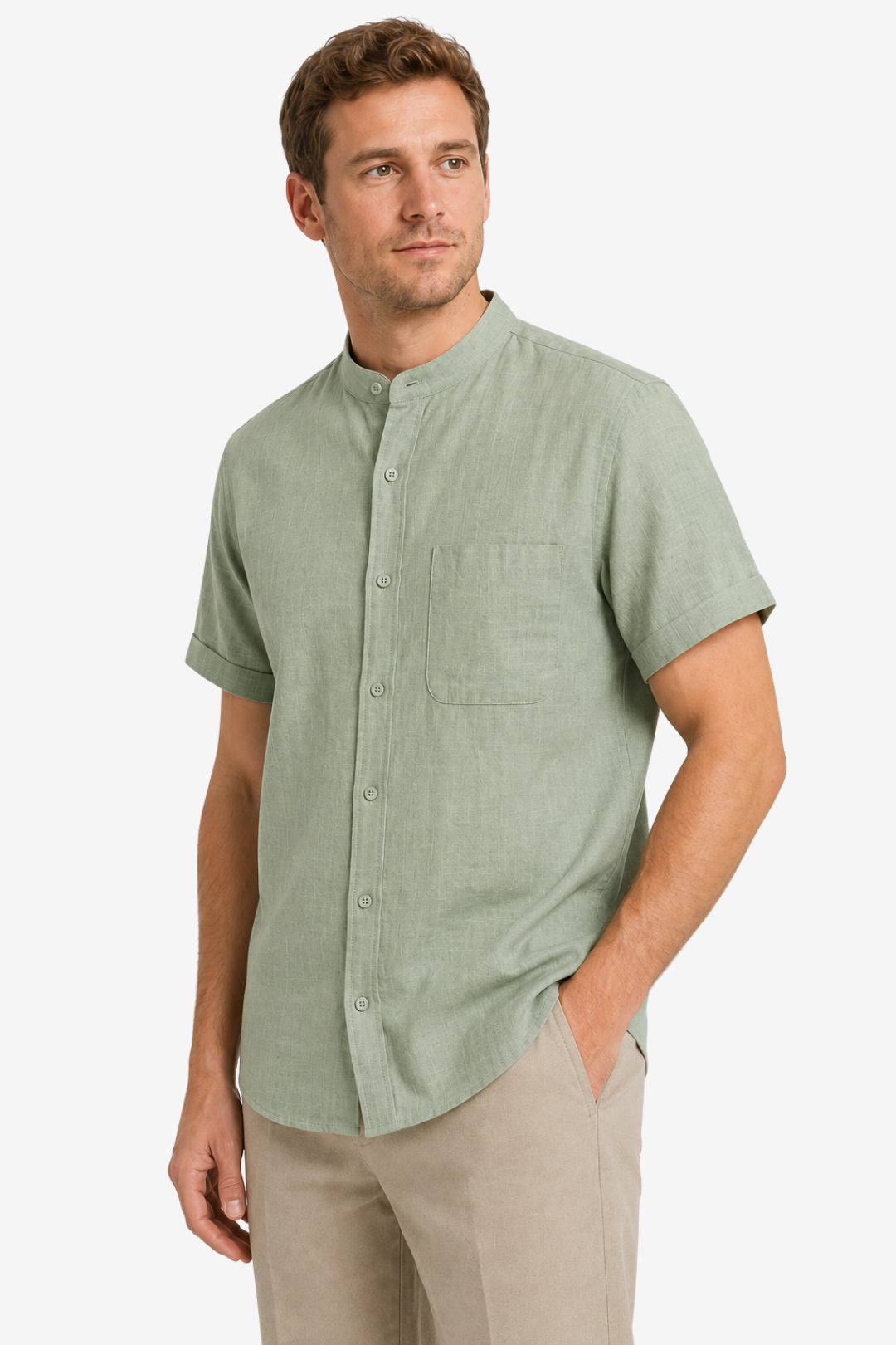 VALERIQUE | Homme chemise sauge en lin à manches courtes avec col officier et fermeture boutonnée pour usage quotidien