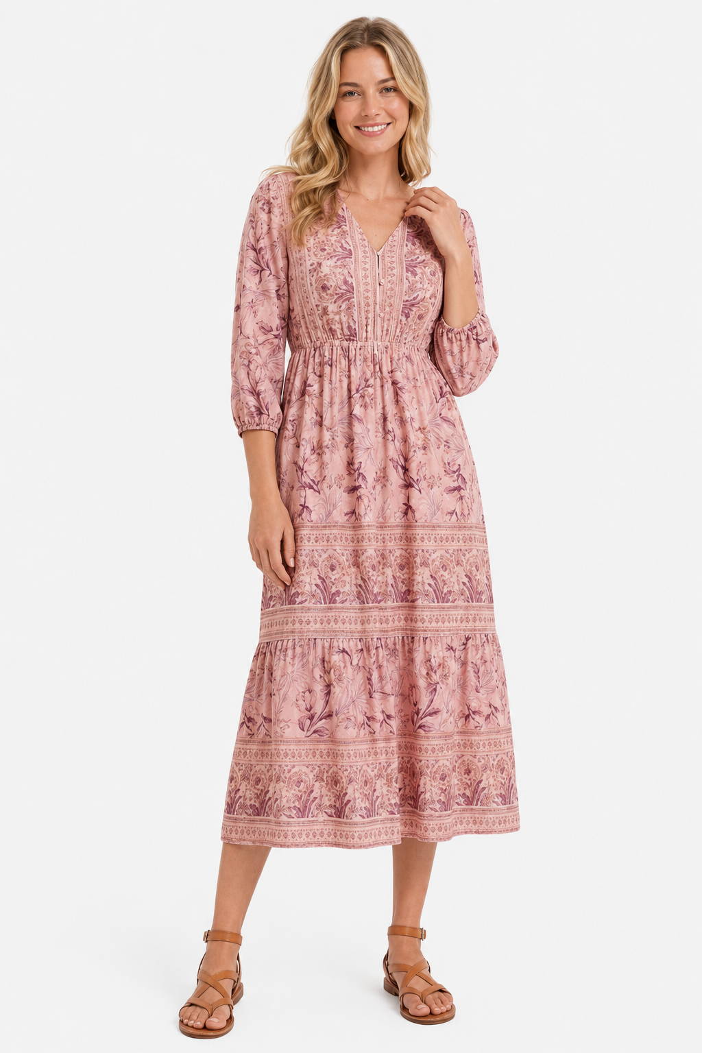 VALERIQUE | Robe Midi à Imprimé Floral pour Femme – Manches 3/4 et Col V