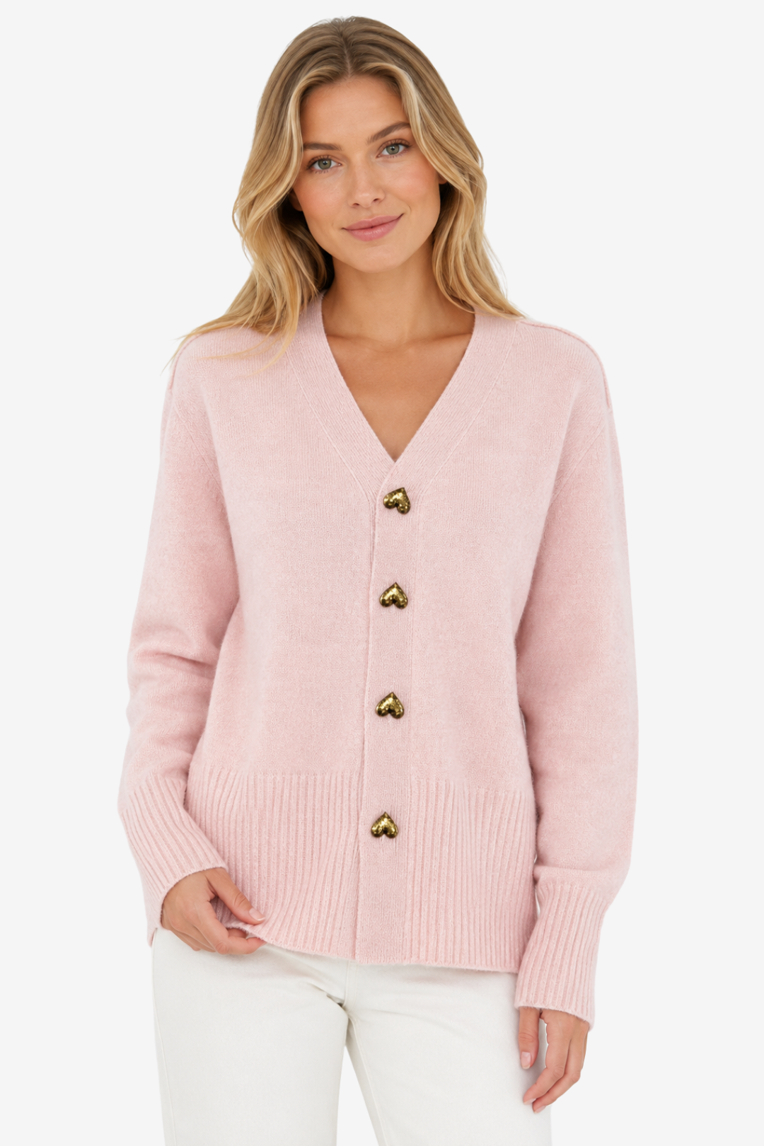 VALERIQUE | Cardigan en Maille à Col en V pour Femme – Boutons en Forme de Cœur Design Décontracté