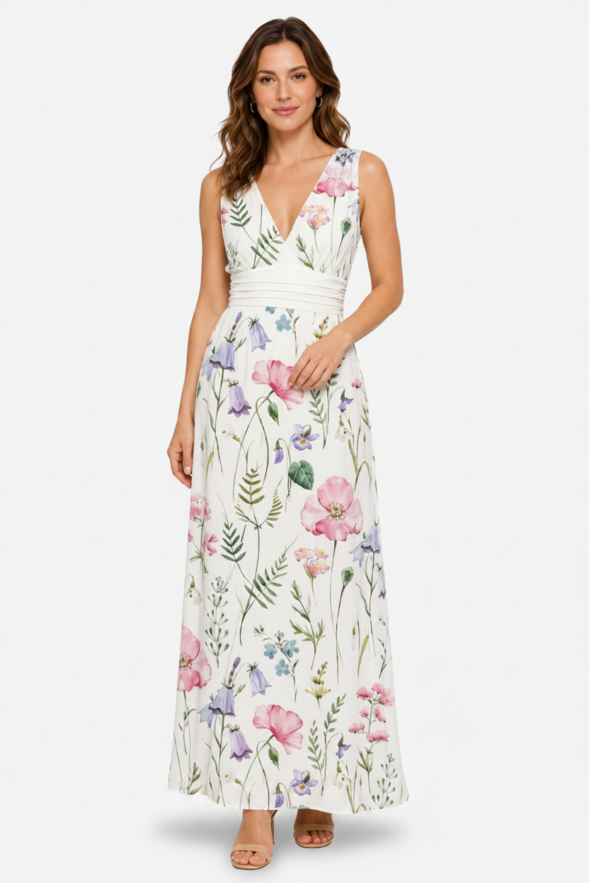 VALERIQUE | Femme Robe longue imprimé floral coupe évasée col V sans manches style décontracté