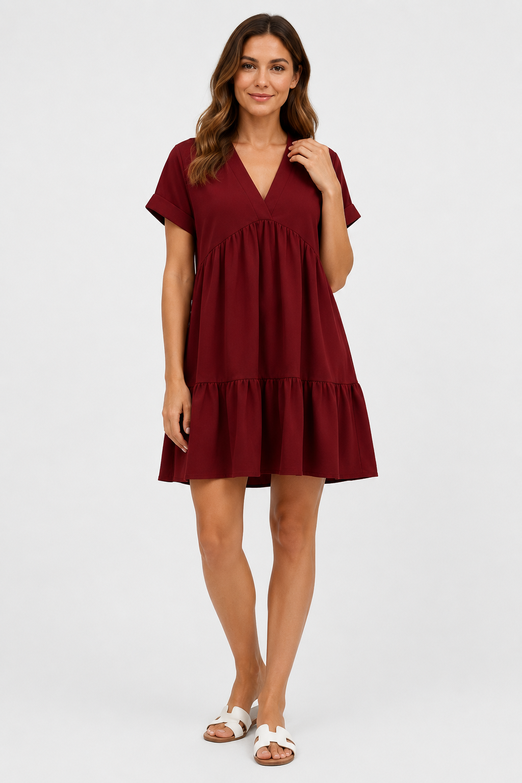 VALERIQUE | Robe Ample Col V pour Femme – Manches Courtes et Froncée