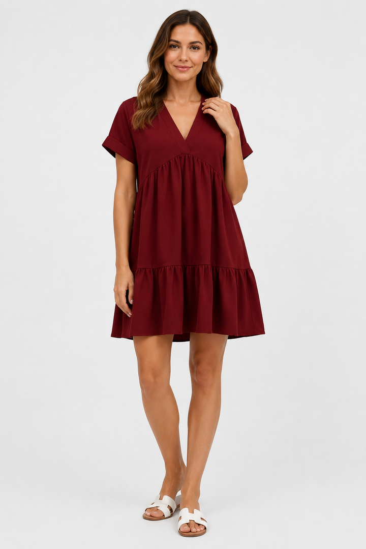 VALERIQUE | Robe Ample Col V pour Femme – Manches Courtes et Froncée