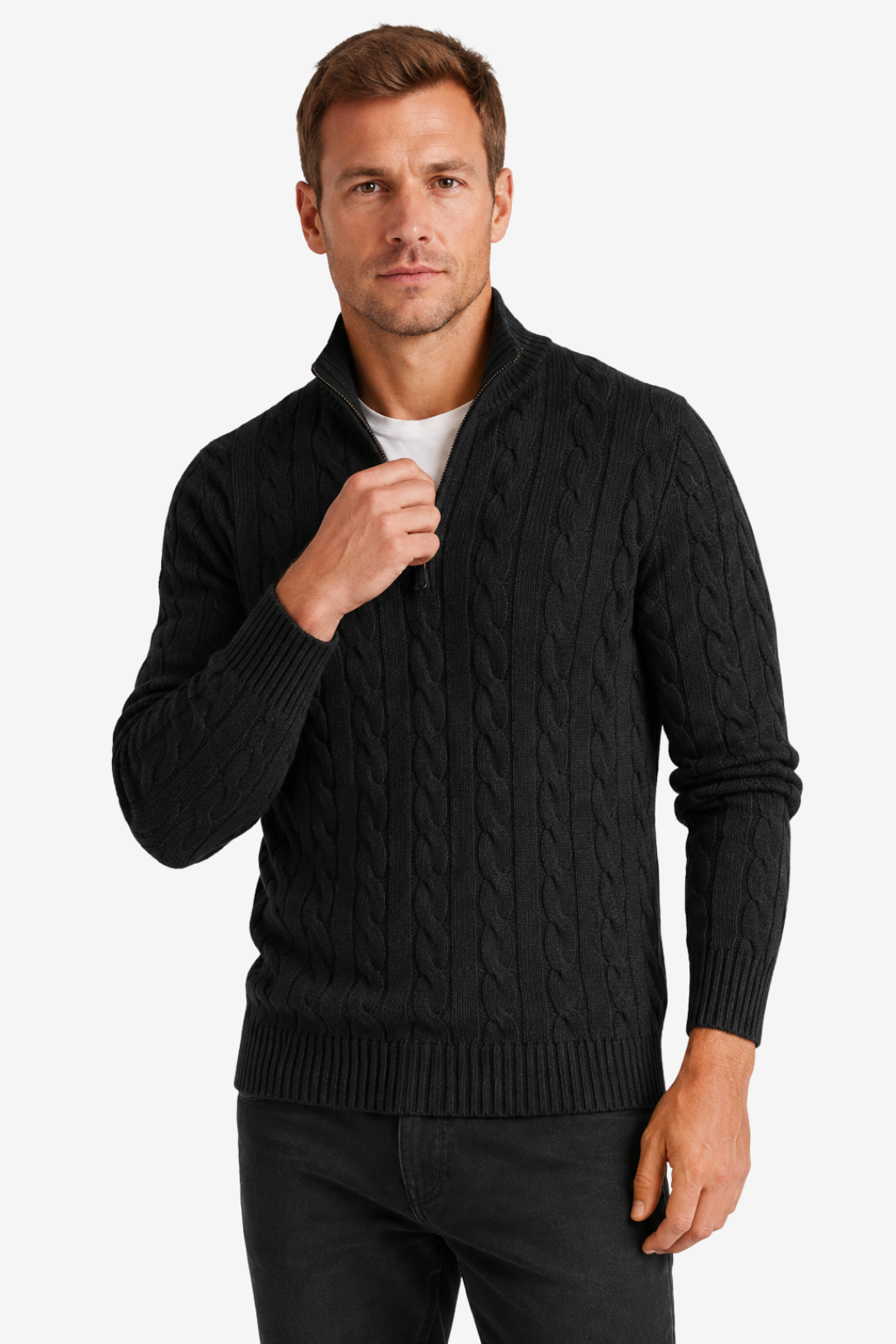 VALERIQUE | Pull en Maille Torsadée pour Homme – Col Montant Fermeture Quart de Zip