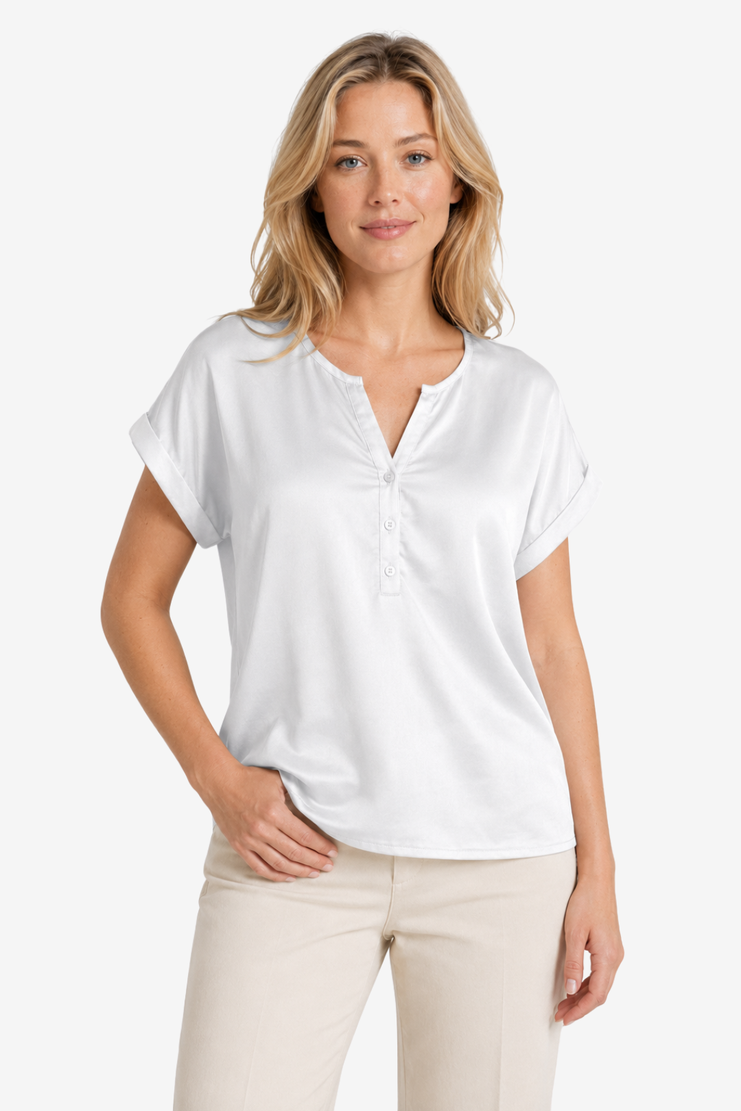VALERIQUE | Femme blouse satinée à manches courtes avec col ouvert et patte boutonnée pour usage quotidien