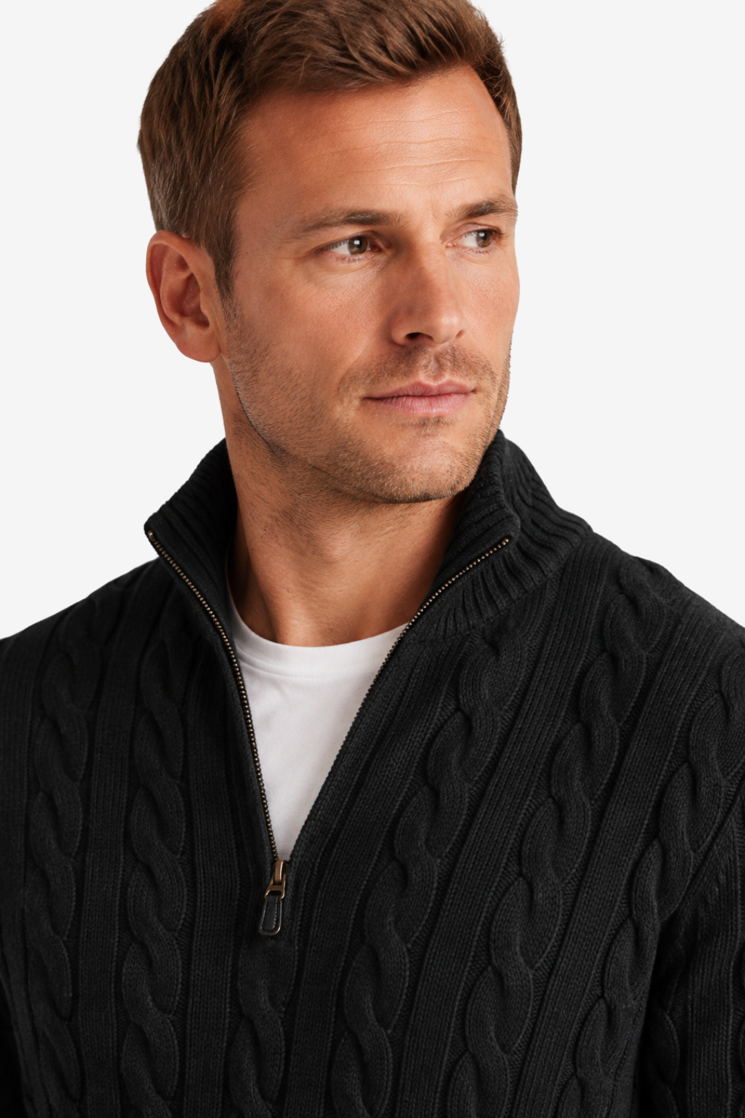 VALERIQUE | Pull en Maille Torsadée pour Homme – Col Montant Fermeture Quart de Zip