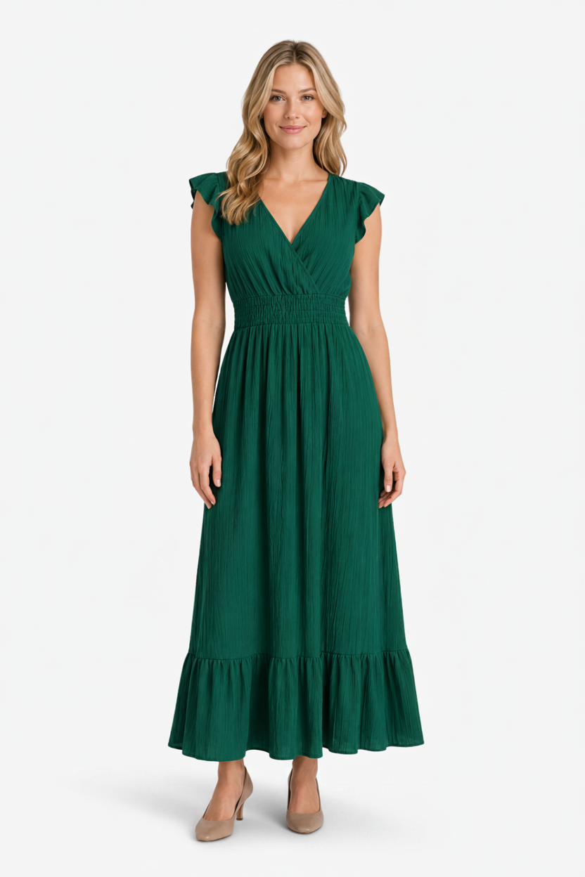 VALERIQUE | Robe longue vert sauge à col cache-cœur et manches courtes volantées pour usage quotidien