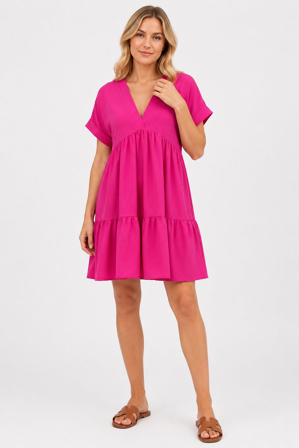 VALERIQUE | Robe Ample Col V pour Femme – Manches Courtes et Froncée