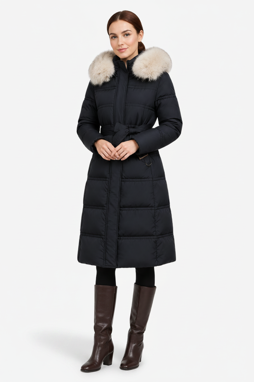 VALERIQUE | Manteau d'hiver long matelassé pour femmes – Taille cintrée et capuche bordée