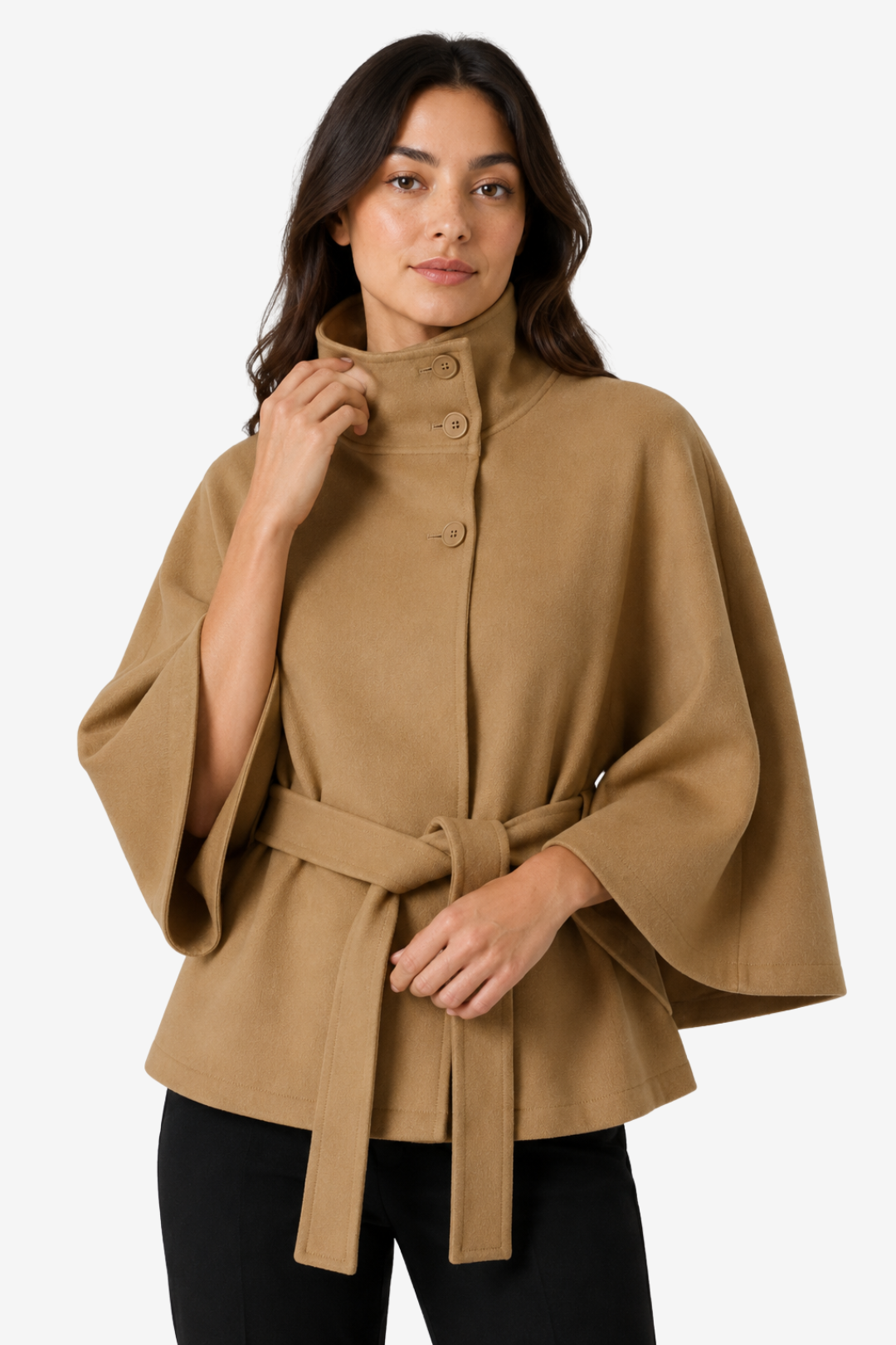 VALERIQUE | Manteau Cape Ceinturé pour Femme – Col Haut Manches Larges Design Structuré