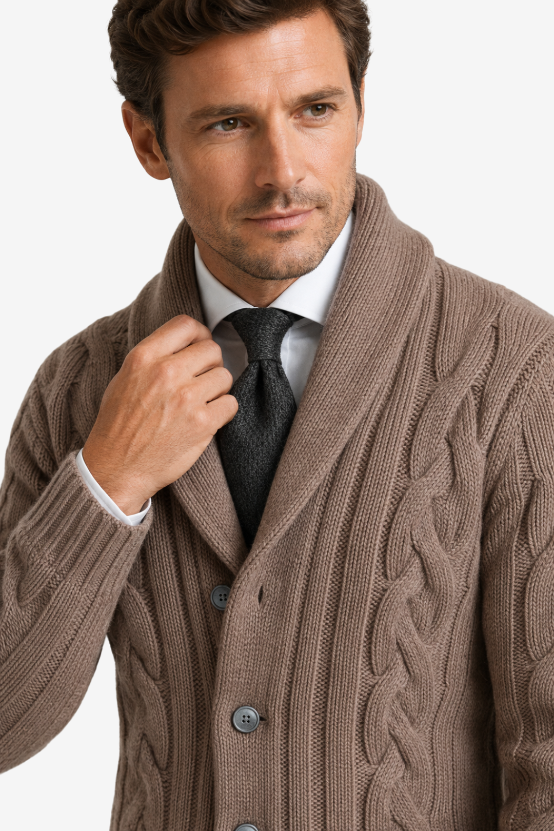 VALERIQUE | Cardigan en Maille Torsadée pour Homme – Col Châle Fermeture Boutonnée