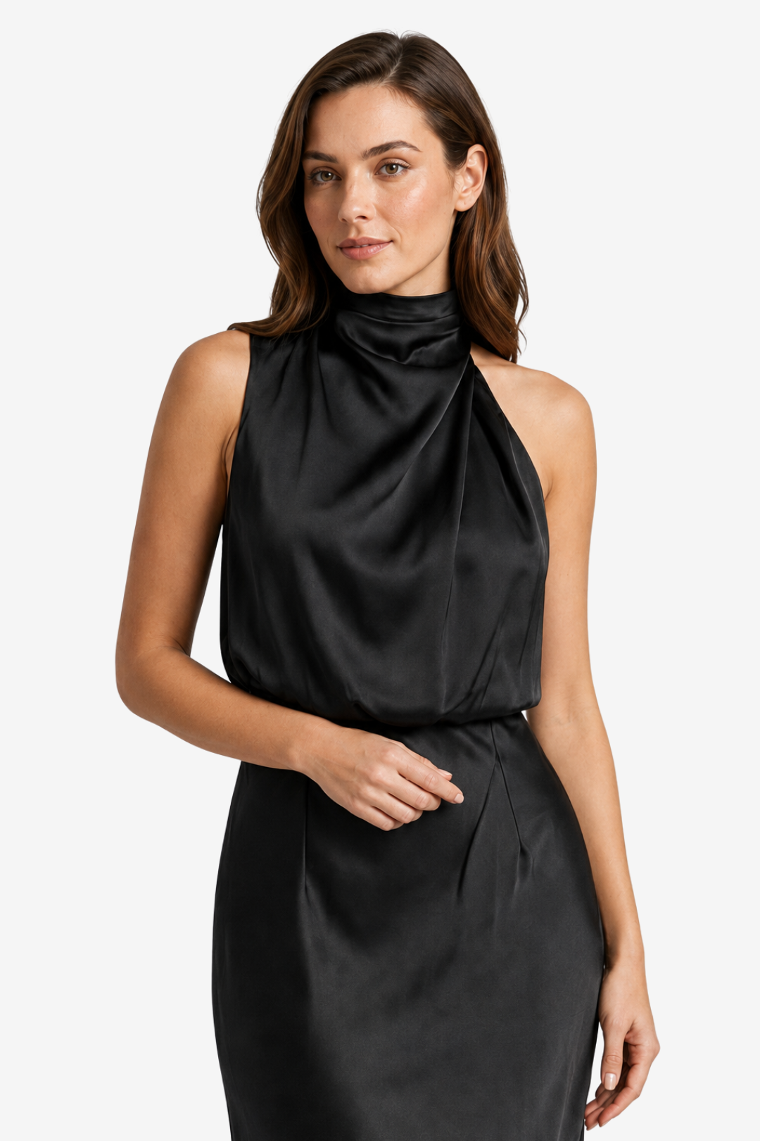 VALERIQUE | Femme Robe midi sans manches coupe ajustée col drapé style fluide