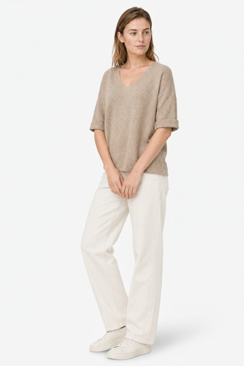 VALERIQUE | Femme pull à col V manches courtes coupe décontractée style minimaliste pour usage quotidien