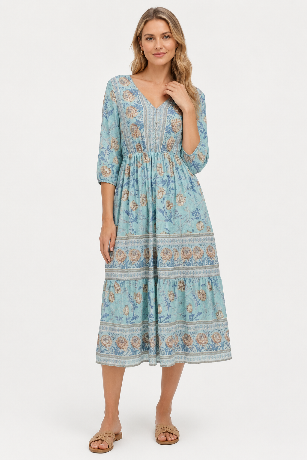 VALERIQUE | Robe Midi à Imprimé Floral pour Femme – Manches 3/4 et Col V