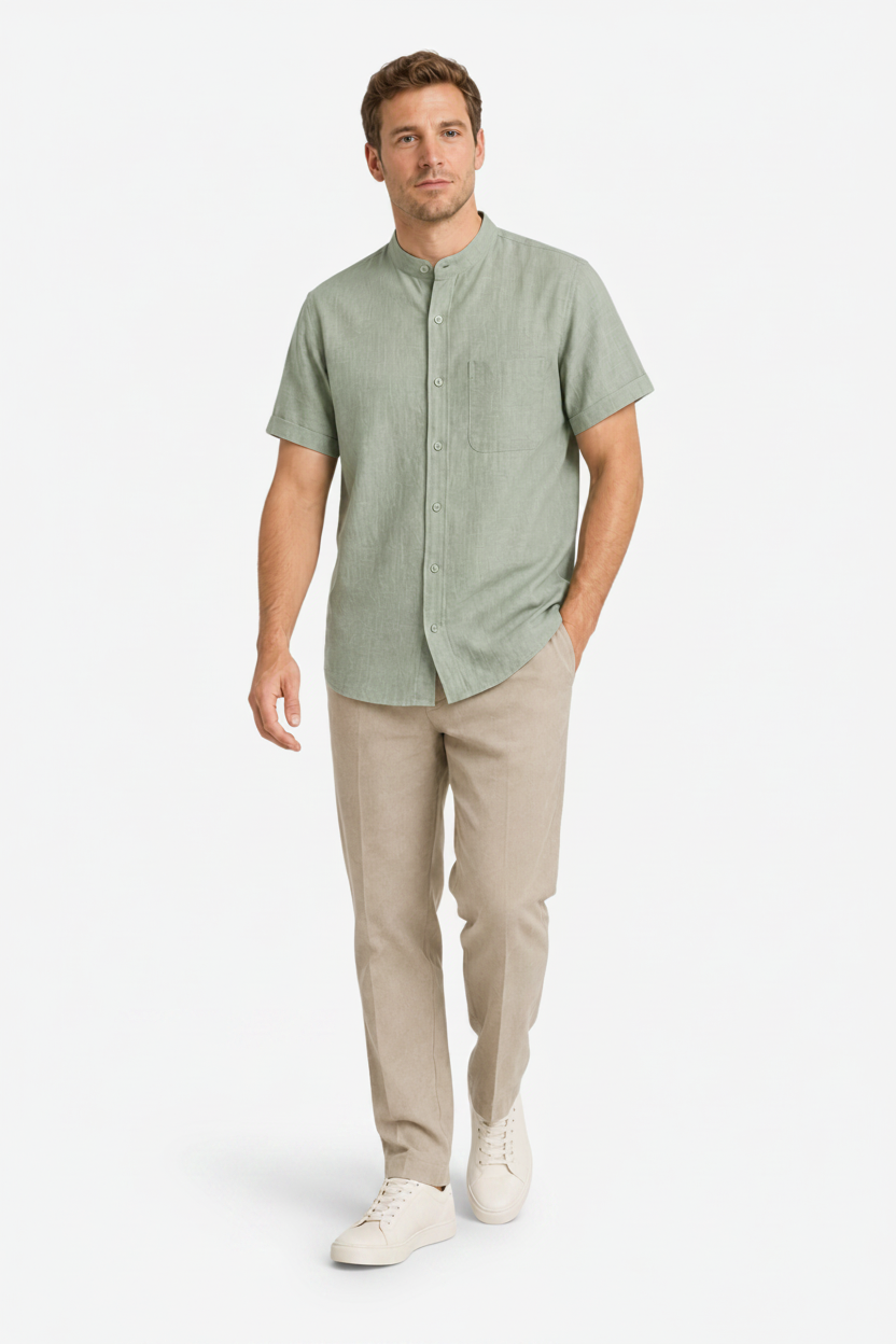 VALERIQUE | Homme chemise sauge en lin à manches courtes avec col officier et fermeture boutonnée pour usage quotidien