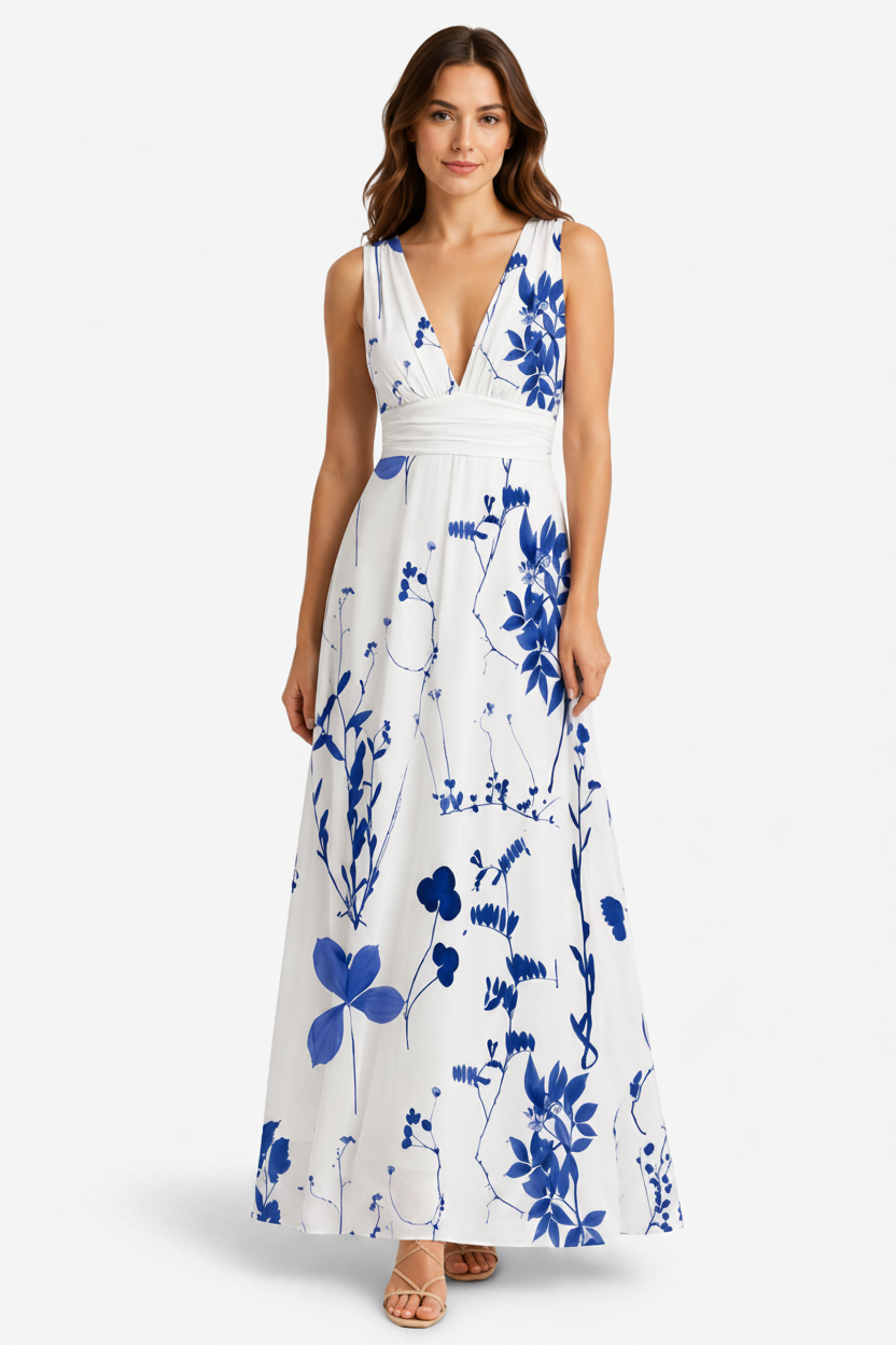VALERIQUE | Femme Robe longue imprimé floral coupe évasée col V sans manches style décontracté