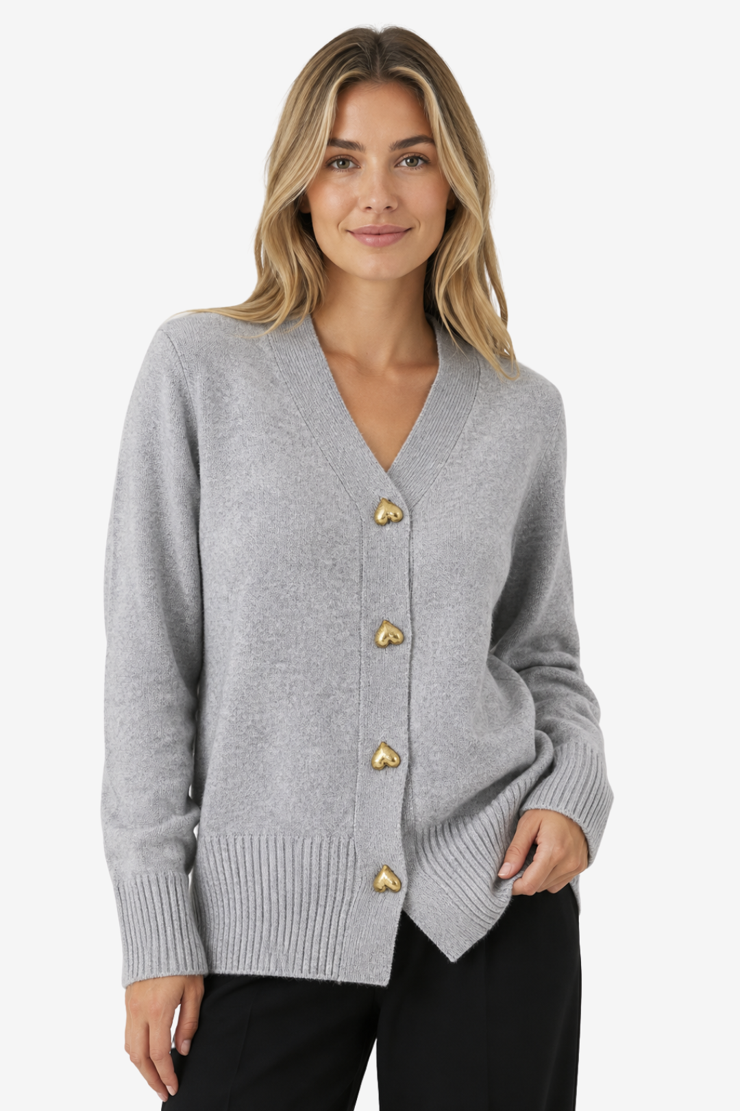VALERIQUE | Cardigan en Maille à Col en V pour Femme – Boutons en Forme de Cœur Design Décontracté