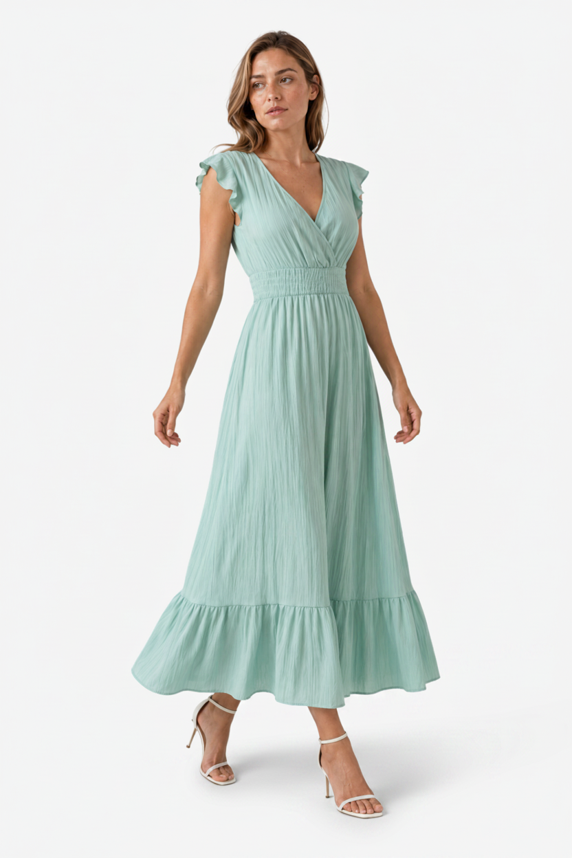 VALERIQUE | Robe longue vert sauge à col cache-cœur et manches courtes volantées pour usage quotidien