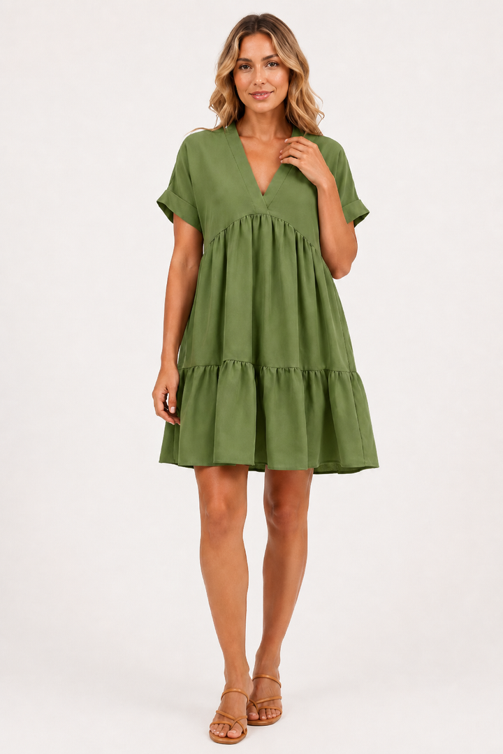 VALERIQUE | Robe Ample Col V pour Femme – Manches Courtes et Froncée