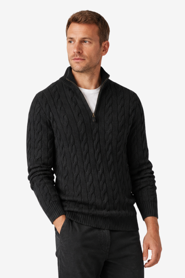 VALERIQUE | Pull en Maille Torsadée pour Homme – Col Montant Fermeture Quart de Zip