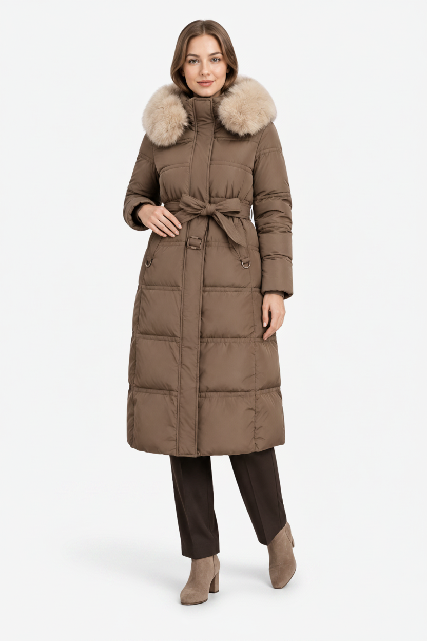 VALERIQUE | Manteau d'hiver long matelassé pour femmes – Taille cintrée et capuche bordée