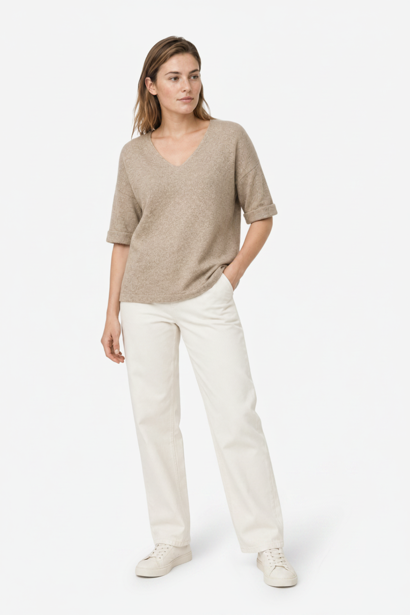 VALERIQUE | Femme pull à col V manches courtes coupe décontractée style minimaliste pour usage quotidien