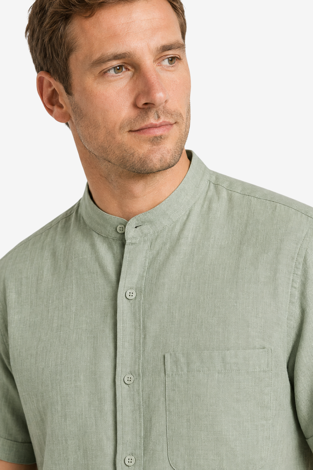 VALERIQUE | Homme chemise sauge en lin à manches courtes avec col officier et fermeture boutonnée pour usage quotidien