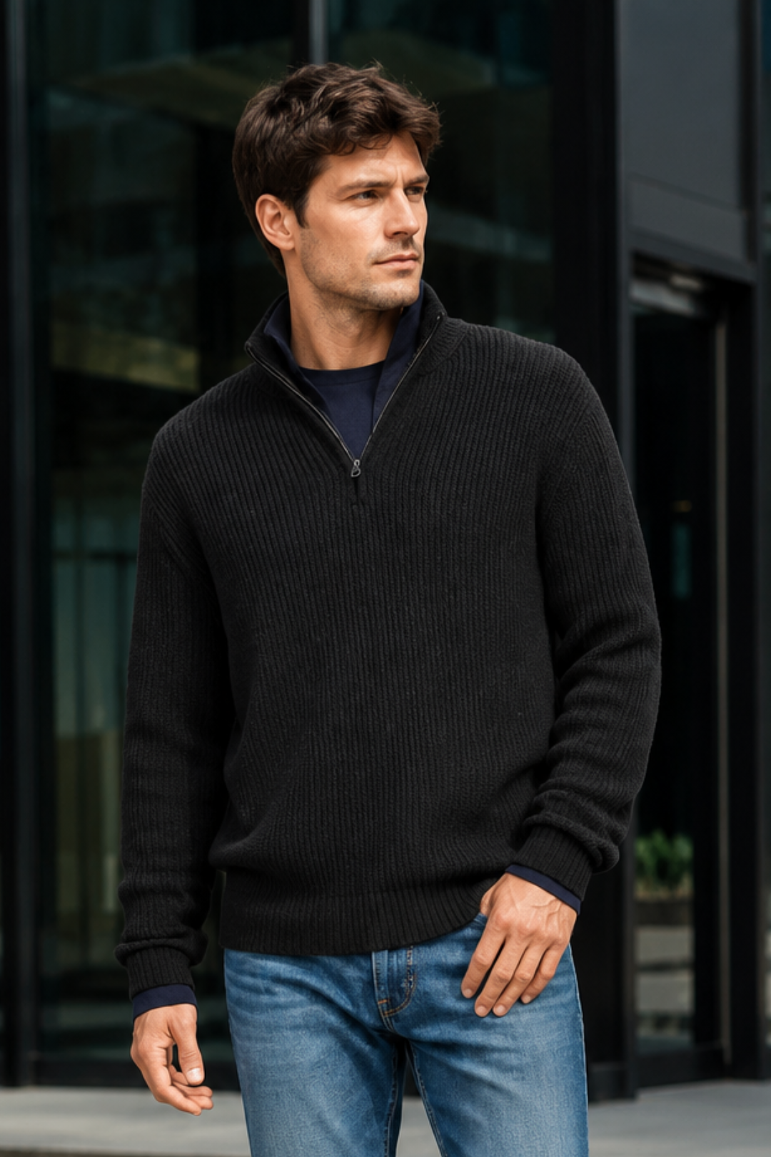VALERIQUE | Pull Col Zippé pour Homme – Maille Côtelée Col Montant Manches Longues