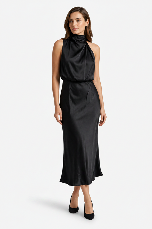 VALERIQUE | Femme Robe midi sans manches coupe ajustée col drapé style fluide