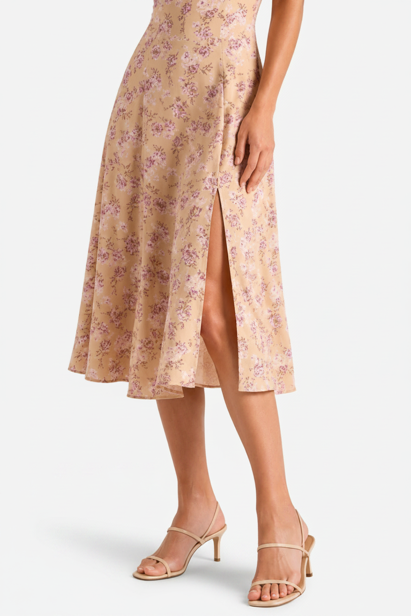 VALERIQUE | Robe midi beige à imprimé floral avec bretelles fines et fente latérale pour usage estival