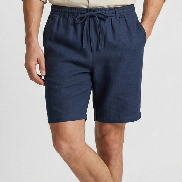 VALERIQUE | Homme short en lin bleu marine à taille élastiquée avec cordon coupe décontractée pour usage quotidien