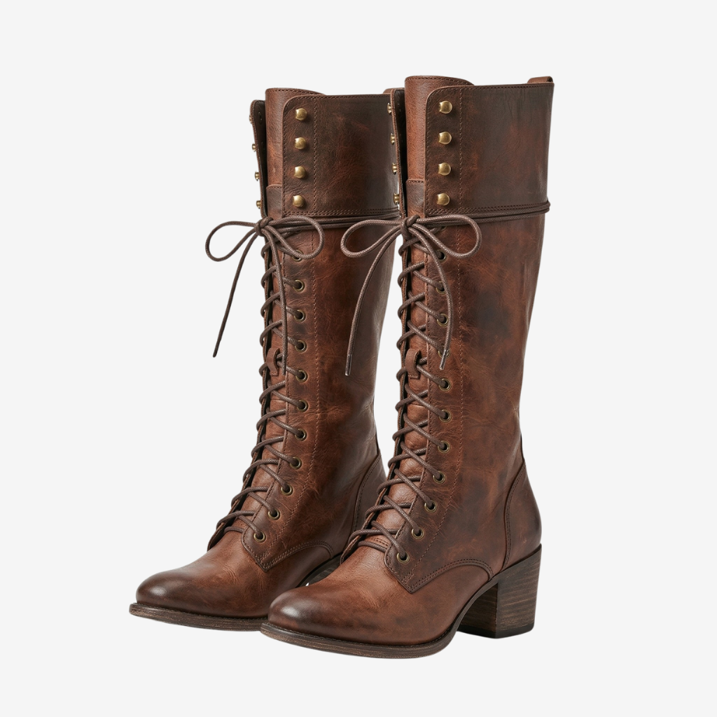 VALERIQUE | Femme bottes hautes café à lacets avec talon bloc et bout rond