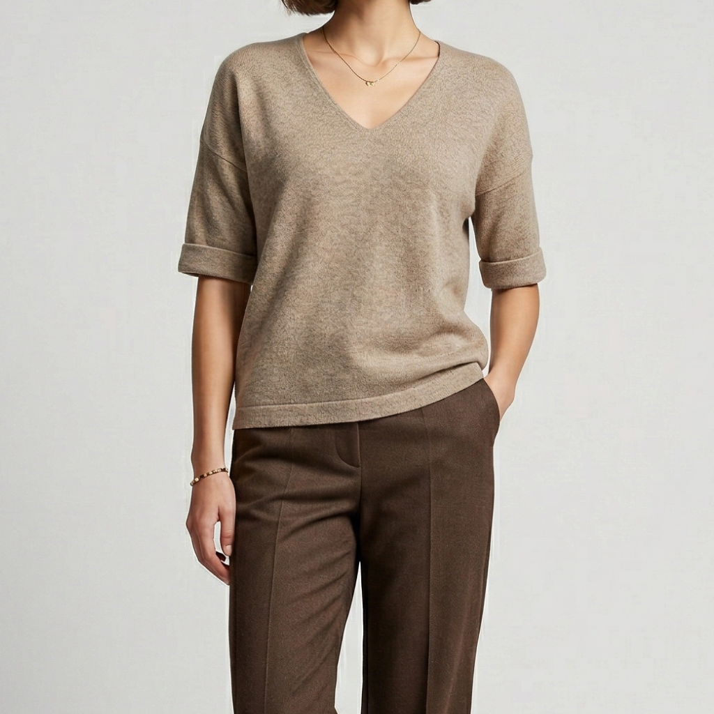 VALERIQUE | Femme pull à col V manches courtes coupe décontractée style minimaliste pour usage quotidien