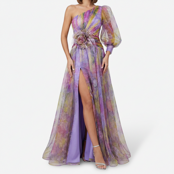 VALERIQUE | Femme Robe longue asymétrique coupe ajustée une manche détail drapé style fluide
