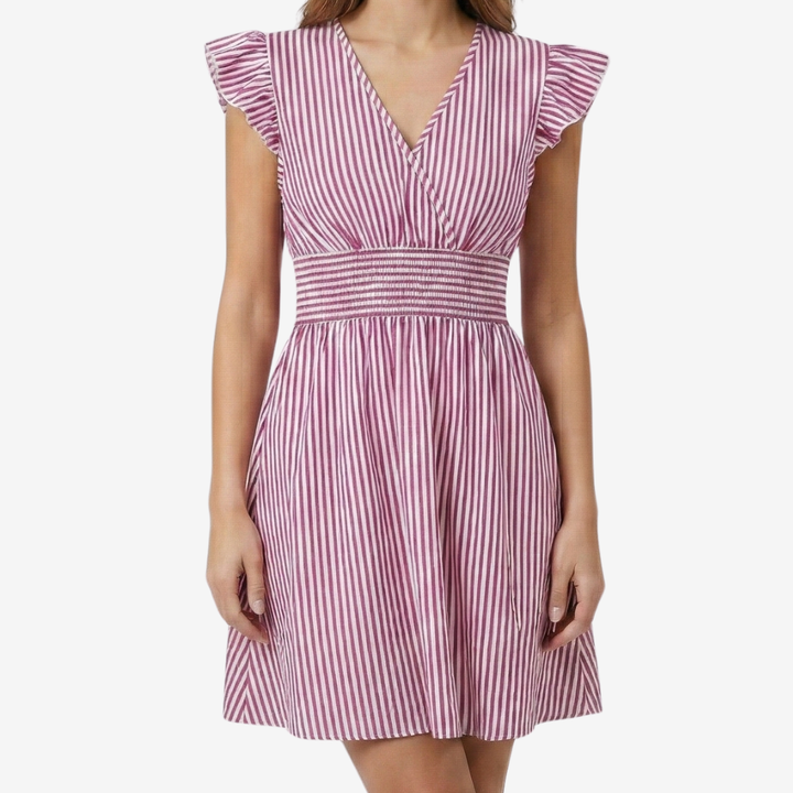 VALERIQUE | Femme Robe Décontractée à Rayures en Mélange de Coton, Col en V Profond, Manches Volantées