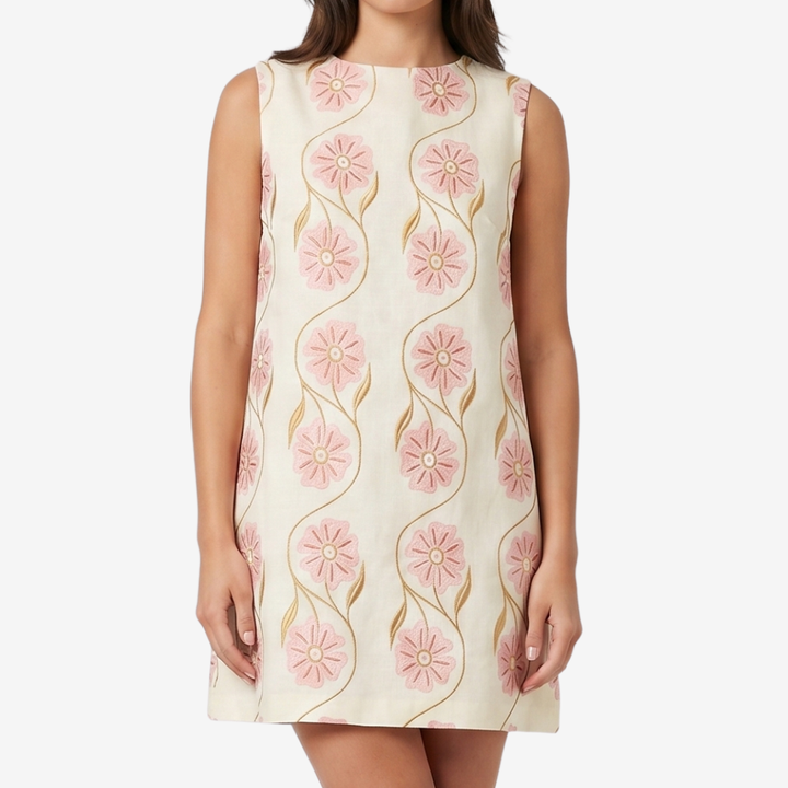 VALERIQUE | Robe Brodée Fleurie pour Femme - Crème et Rose