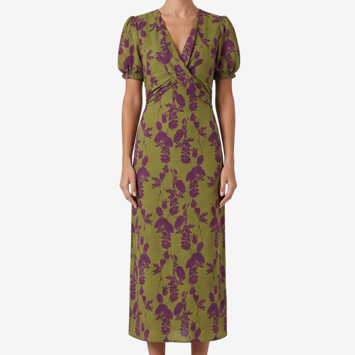 VALERIQUE | Femme Robe midi imprimé coupe ajustée col croisé manches courtes style décontracté