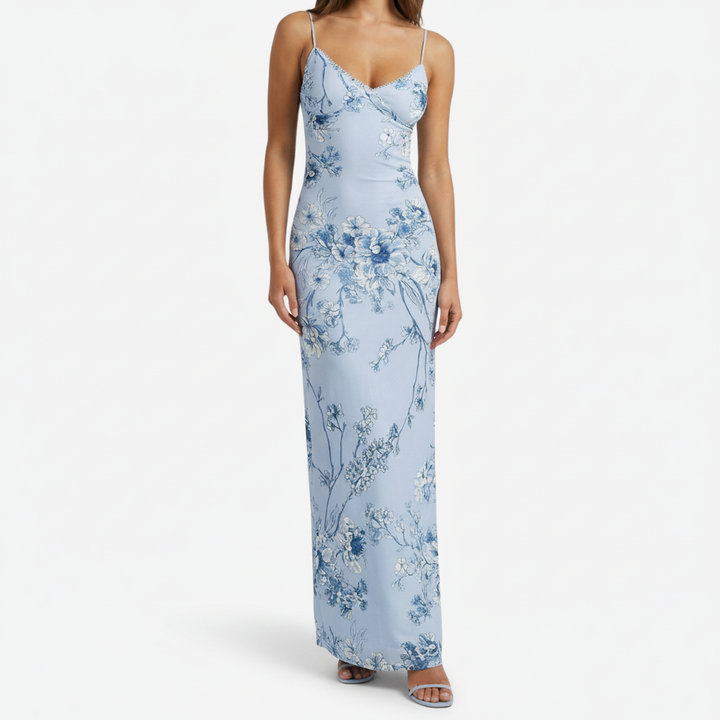 VALERIQUE | Femme Robe longue à fines bretelles coupe ajustée imprimé floral style fluide