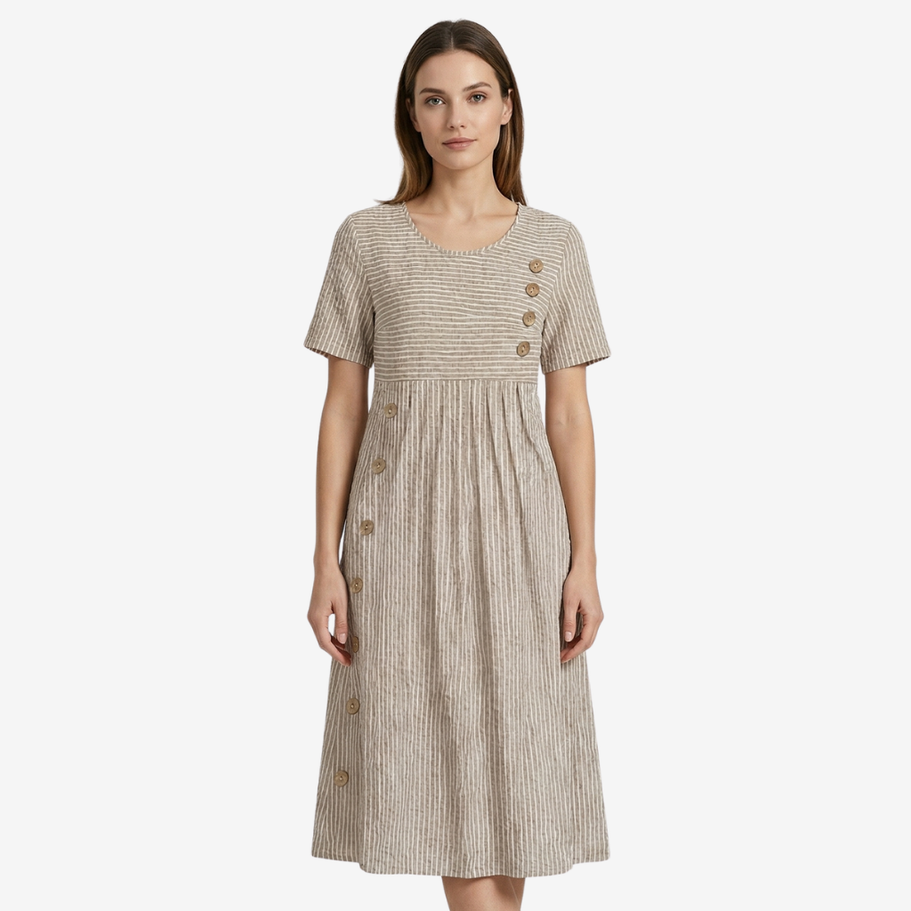 VALERIQUE | Femme Robe en lin coupe évasée manches courtes style décontracté