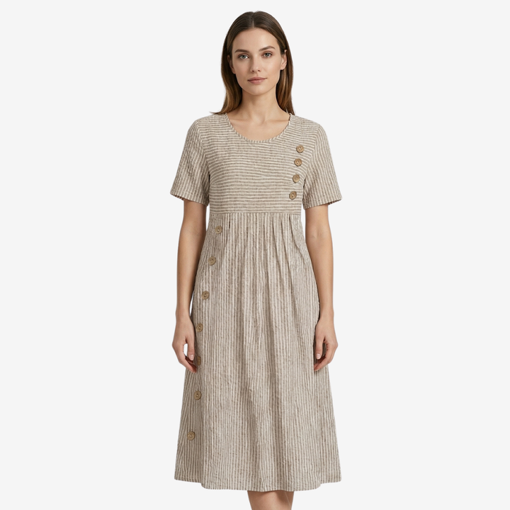 VALERIQUE | Femme Robe en lin coupe évasée manches courtes style décontracté
