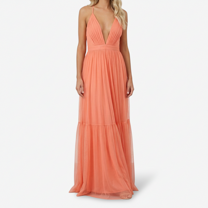 VALERIQUE | Femme Robe longue à fines bretelles coupe évasée détail plissé style fluide