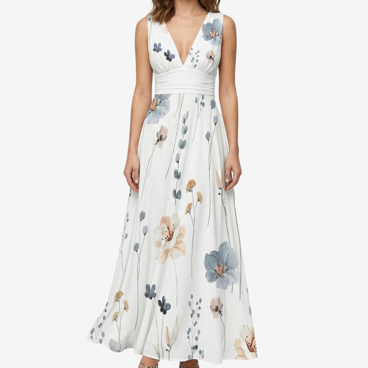 VALERIQUE | Femme Robe longue imprimé floral coupe évasée col V sans manches style décontracté