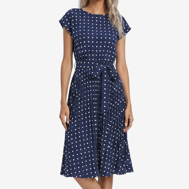 VALERIQUE | Femme Robe Décontractée A-Line en Mélange de Coton Bleu et Vert, Manches Courtes, Ceinture à Nouer
